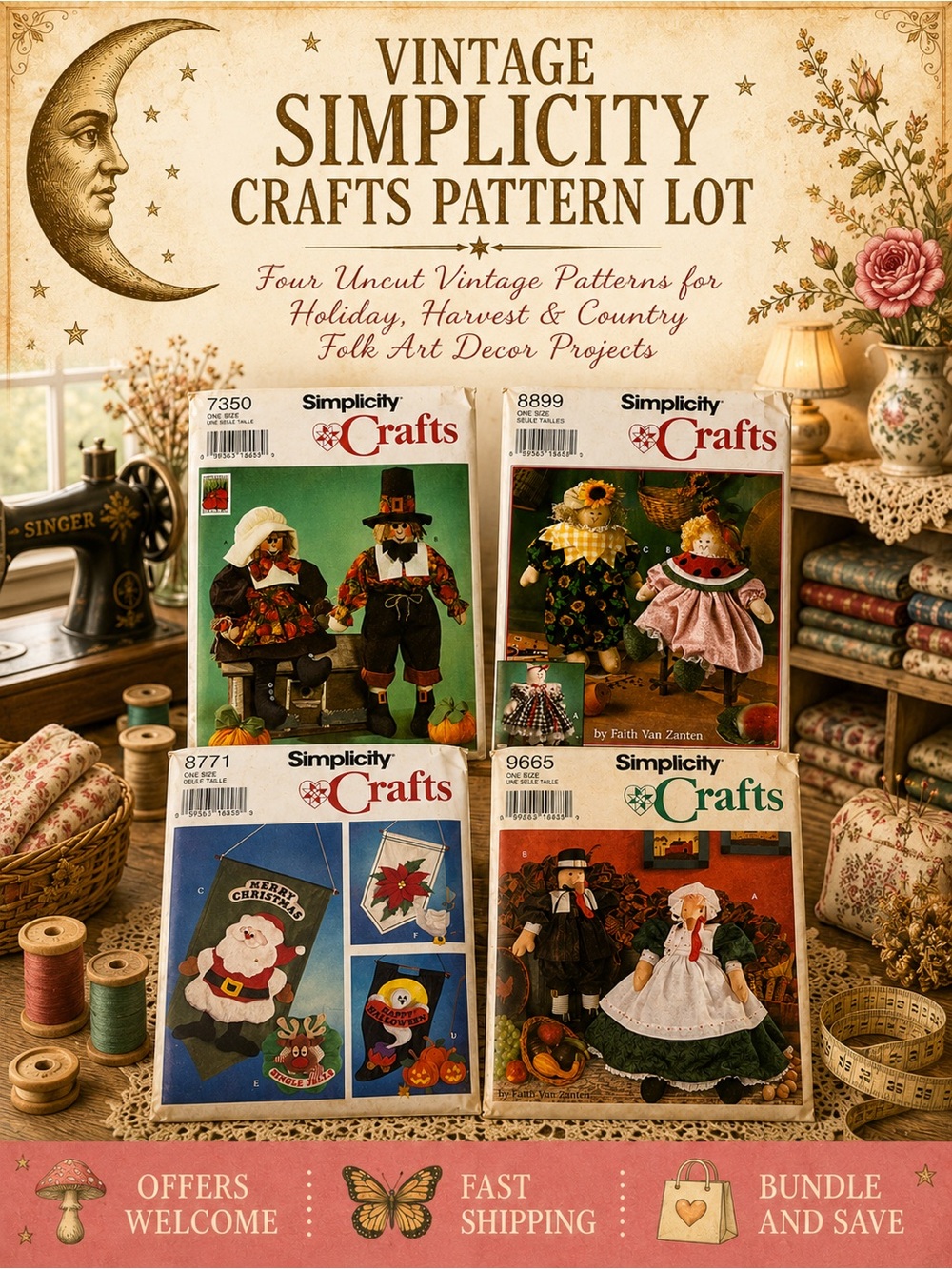Vintage Simplicity Crafts Pattern Lot 7350 8899 8771 9665 Uncut